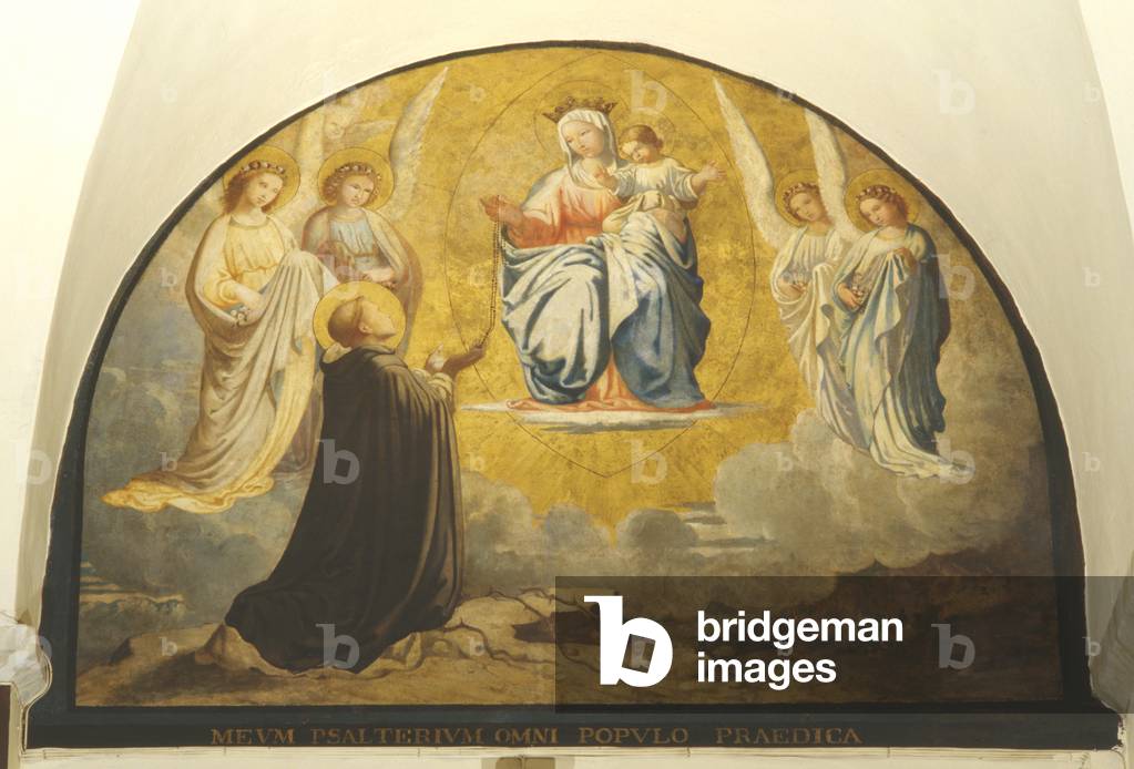 Virgin delivering rosary to San Damiano, 1890-1905, lunette frescoed by Jean Baptiste Besson, Convent of San Sisto Vecchio, Rome. Italy, 20th century.