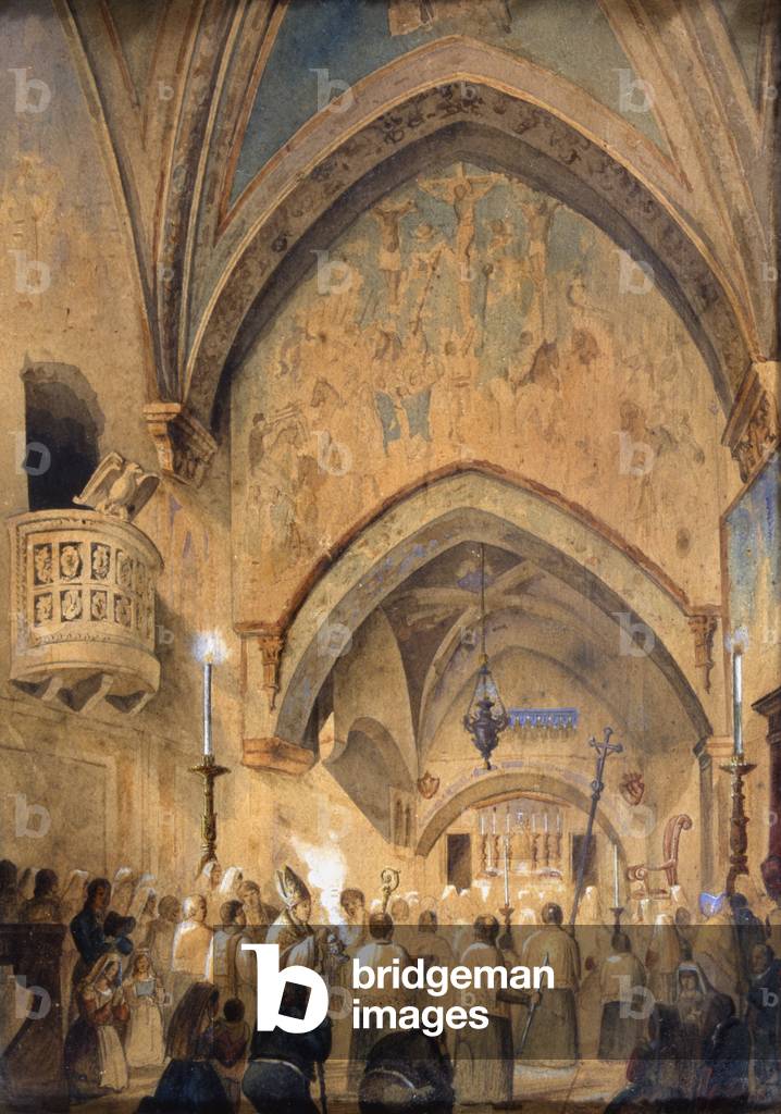 Interior of the Sacro Speco, Subiaco, Italy (w/c on paper)