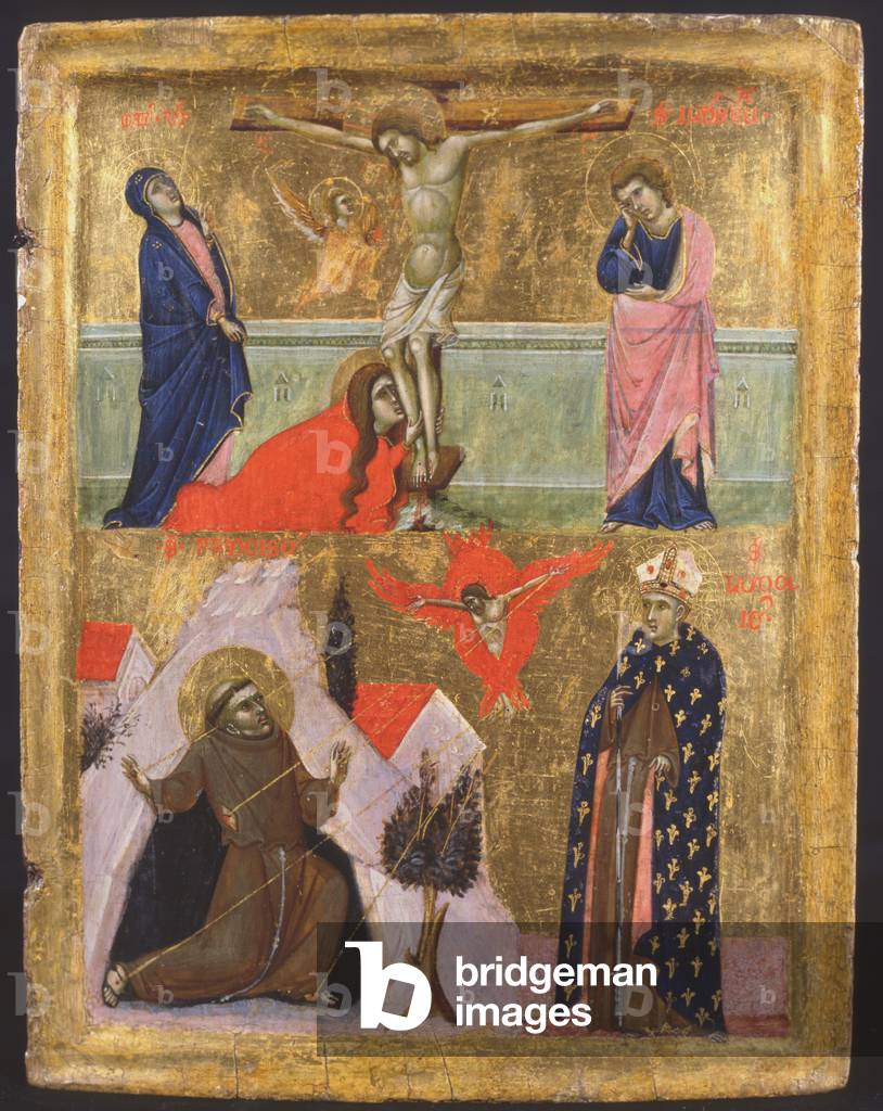 Crucifixion and the stigmata of St Francis of Assisi and St Lodovico of Toulouse (tempera on panel)