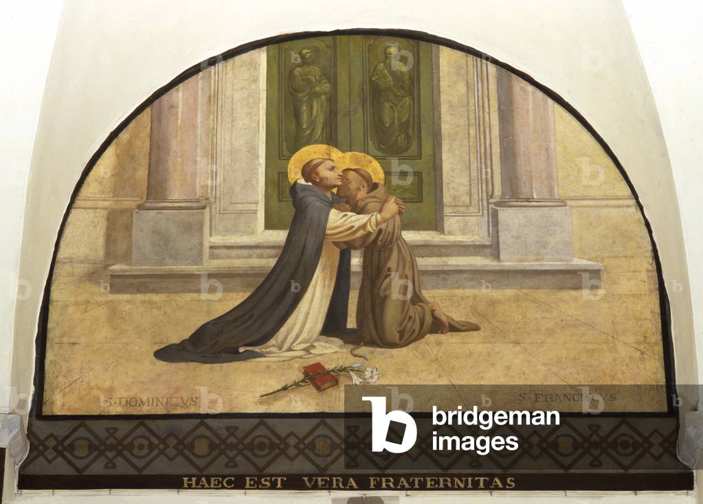 Kiss of St Francesco and St Dominic, 1890-1905, lunette frescoed by Jean Baptiste Besson, Convent of San Sisto Vecchio, Rome. Italy, 20th century.