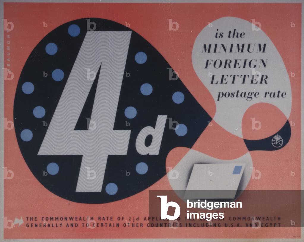4d is the minimum foreign letter postage rate, 1952 (colour litho)