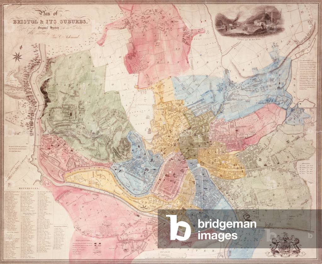 Plan of Bristol and its suburbs reduced from the original survey by the late J. Plumley with additions by G.C. Ashmead, engraved by E. Turrell, published by G.C. Ashmead, Bristol and J. Gardner, London, 1833 (coloured engraving)