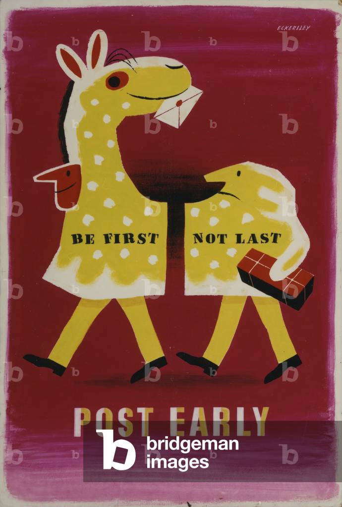 Be First Not Last - Post Early, 1955 (poster paint on board)