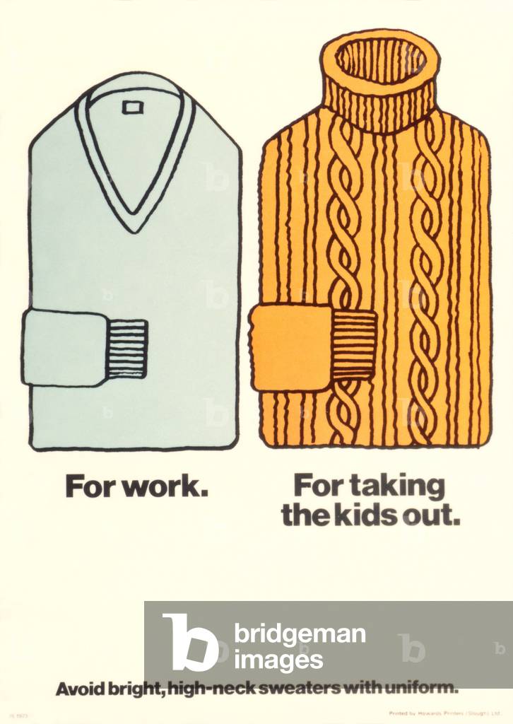 'Avoid bright, high-necked sweaters with uniform' (colour litho)