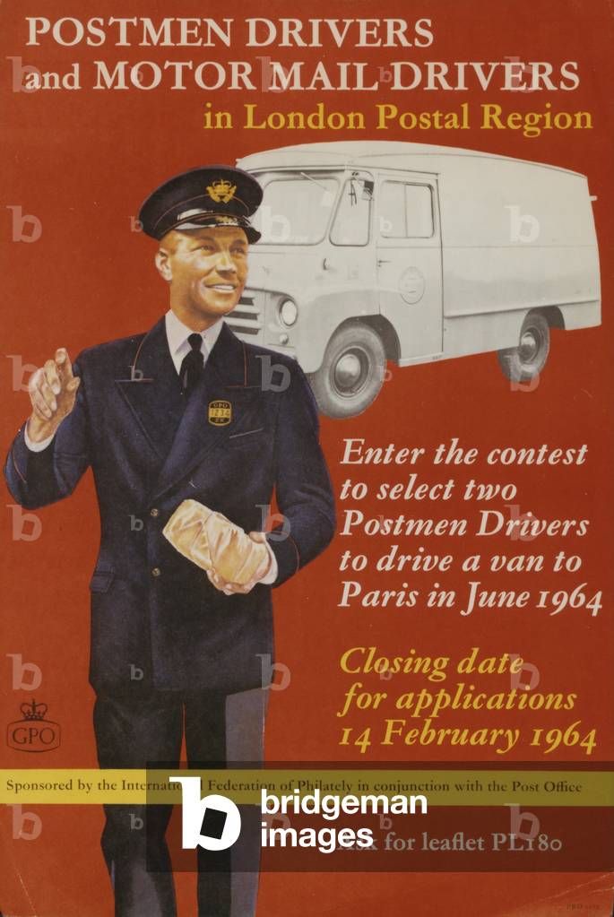 Enter the contest to select two postmen drivers to drive a van to Paris in June 1964, 1964 (colour litho)