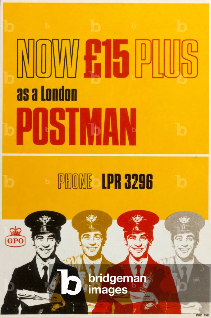 Now £15 Plus as a London Postman, 1965 (colour litho)