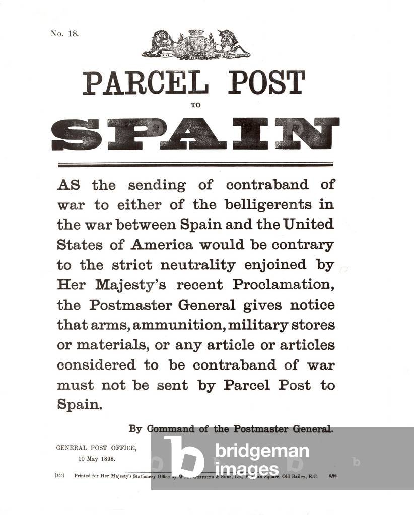 Parcel post to Spain, by command of the Post Master General, 10th May, 1898, printed by W.P. Griffith & Sons, Ltd. (litho)