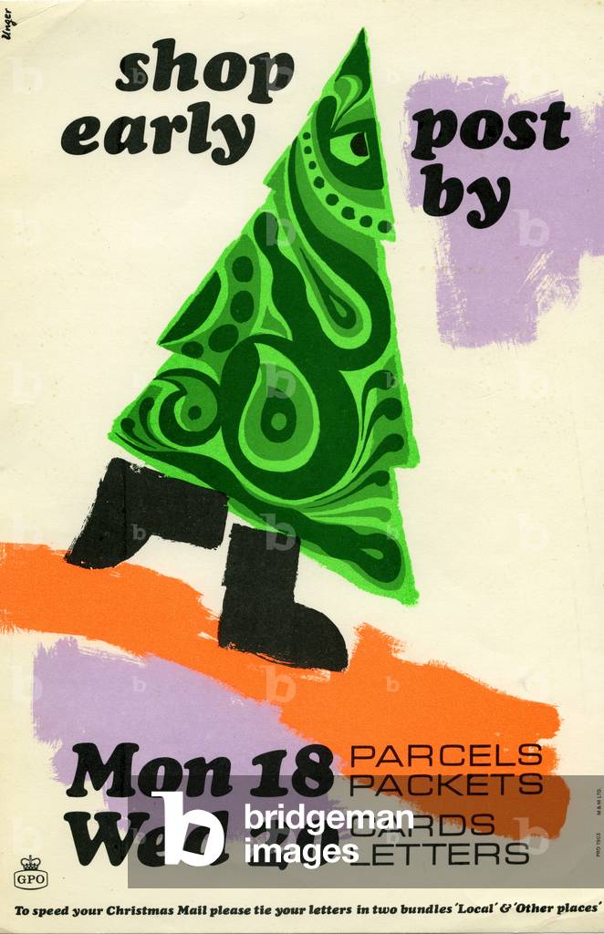 Shop early post by Mon 18th parcels packets, Wed 20th cards letters, 1967 (colour litho)
