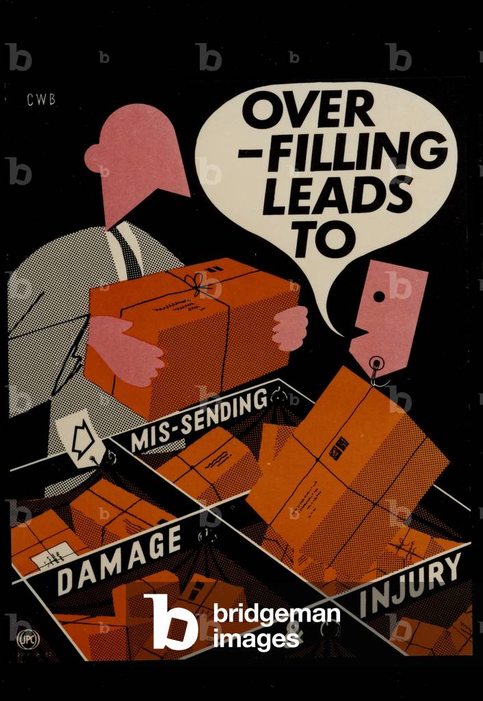 Over-filling leads to mis-sending, damage and injury, 1965 (colour litho)