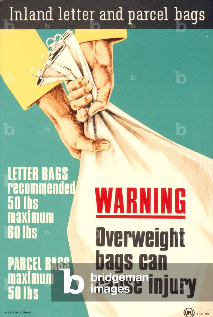 Warning: overweight bags can cause injury, 1968 (colour litho)