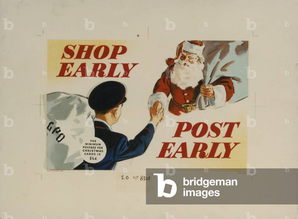 Shop Early, Post Early, 1951 (poster paint, pastel & collage on board)