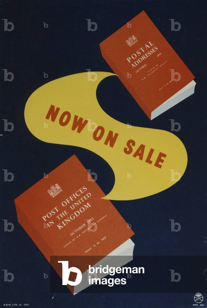 Now on sale, 'Postal Addresses' and 'Post Offices in the United Kingdom', 1953 (colour litho)