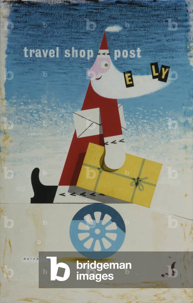 Travel, Shop, Post Early, 1952 (poster paint, gouache, pastel & collage on board)