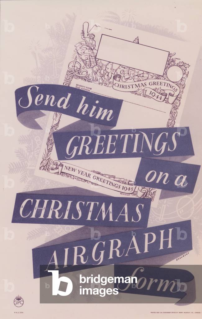 Send him greetings on a Christmas Airgraph form, 1944 (colour litho)