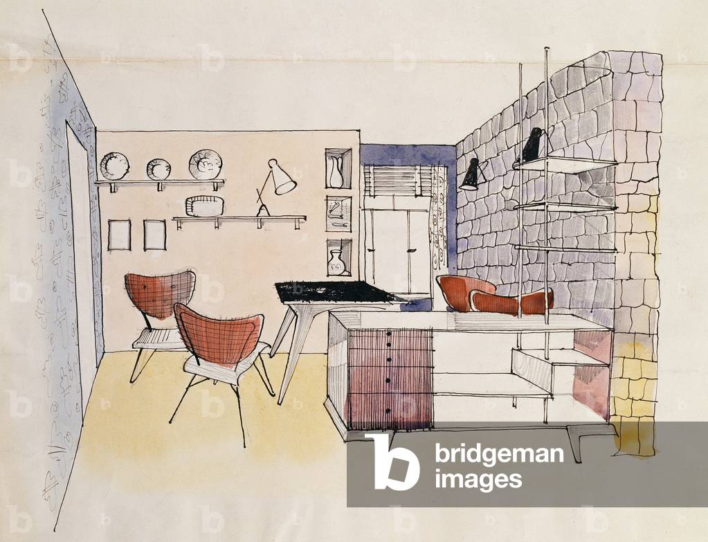 Architect's sketch of an interior, 1950s (pen and ink and w/c wash on paper)