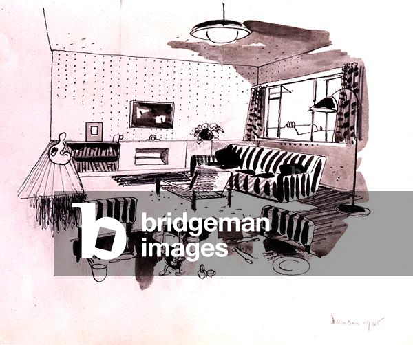 Architect's sketch of an interior, 1948 (pen and ink on paper)