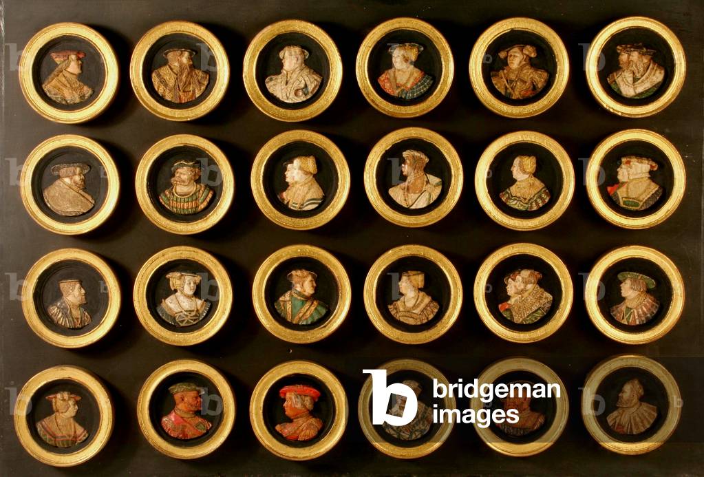 A collection of twenty-four draughtsmen as portrait medallions (coloured gesso duro applied to wood ground)
