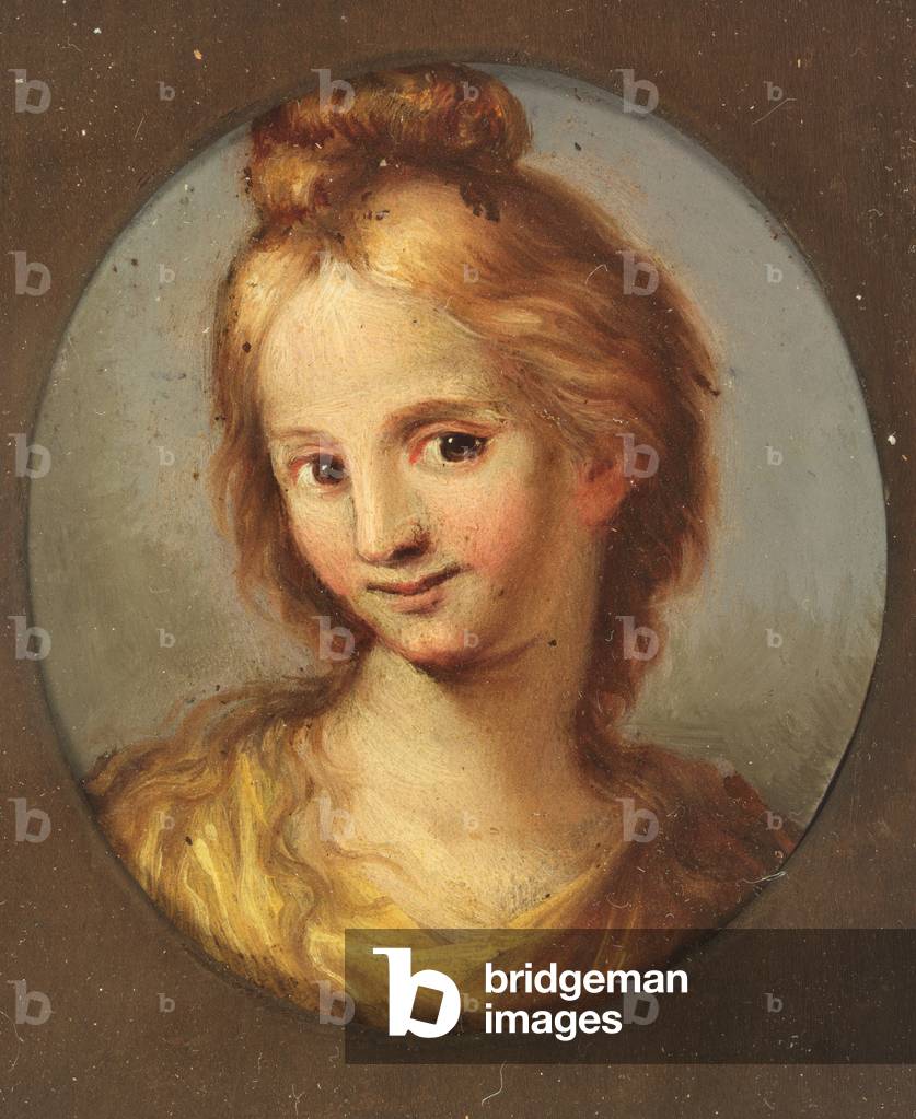 Head of a girl in a yellow dress (oil on copper)