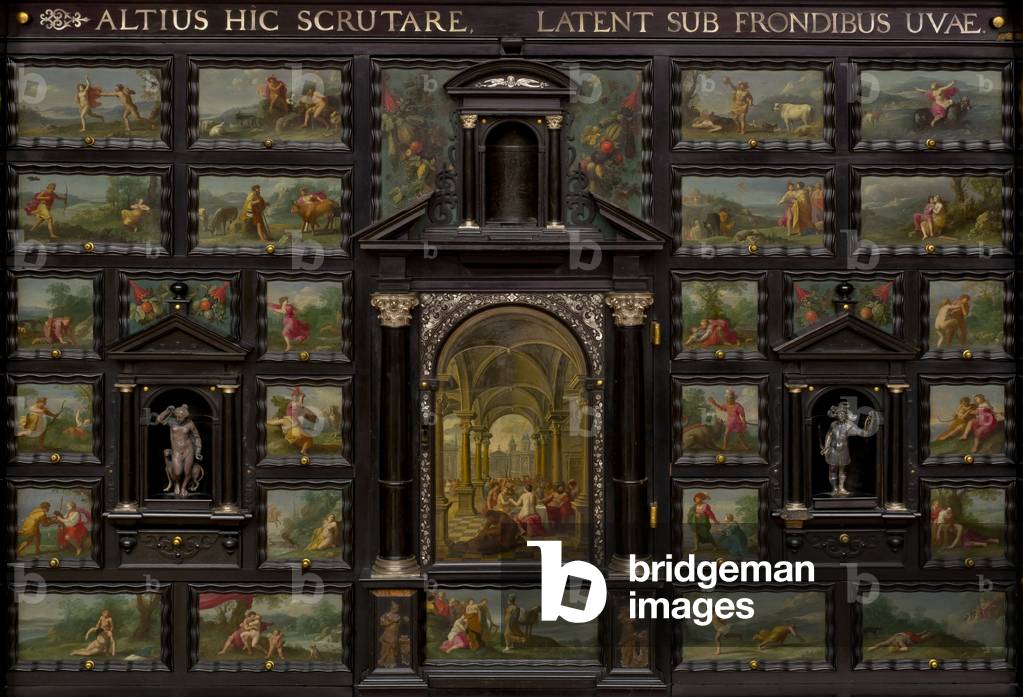 Detail of drawers of Arundel Cabinet with scenes after Ovid's Metamorphoses painted by Cornelis van Poelenburgh, 1630 (ebony, oil on copper, mother of pearl)