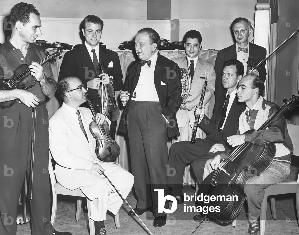 Fritz Reiner Hungarian conductor, 1953 l to r Nathan Snader Juan Cuneo Joseph Golan violinist Reiner Alan Fuchs horn Ray Still oboe Sheppard Lehnhoff violist Janos Starker Hungarian cellist (b/w photo)