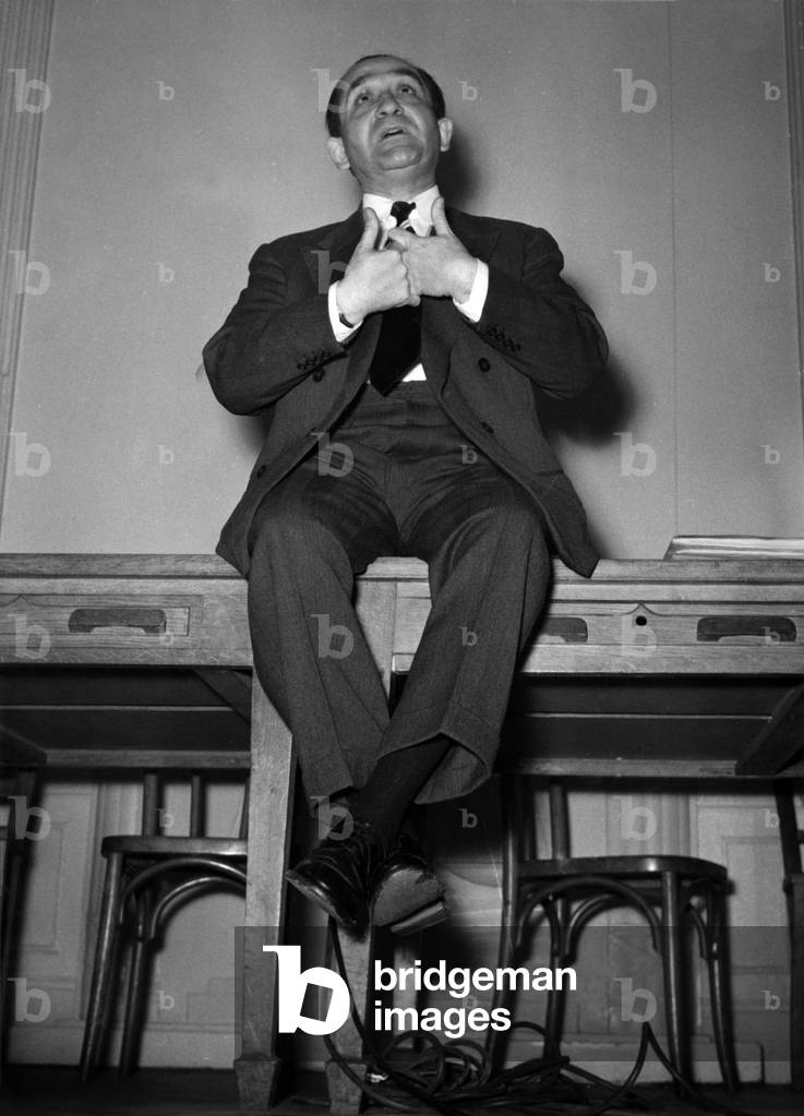 Pierre Mendes-France, president of french radical party, at siege of the party during press conference about next elections, november 2, 1955