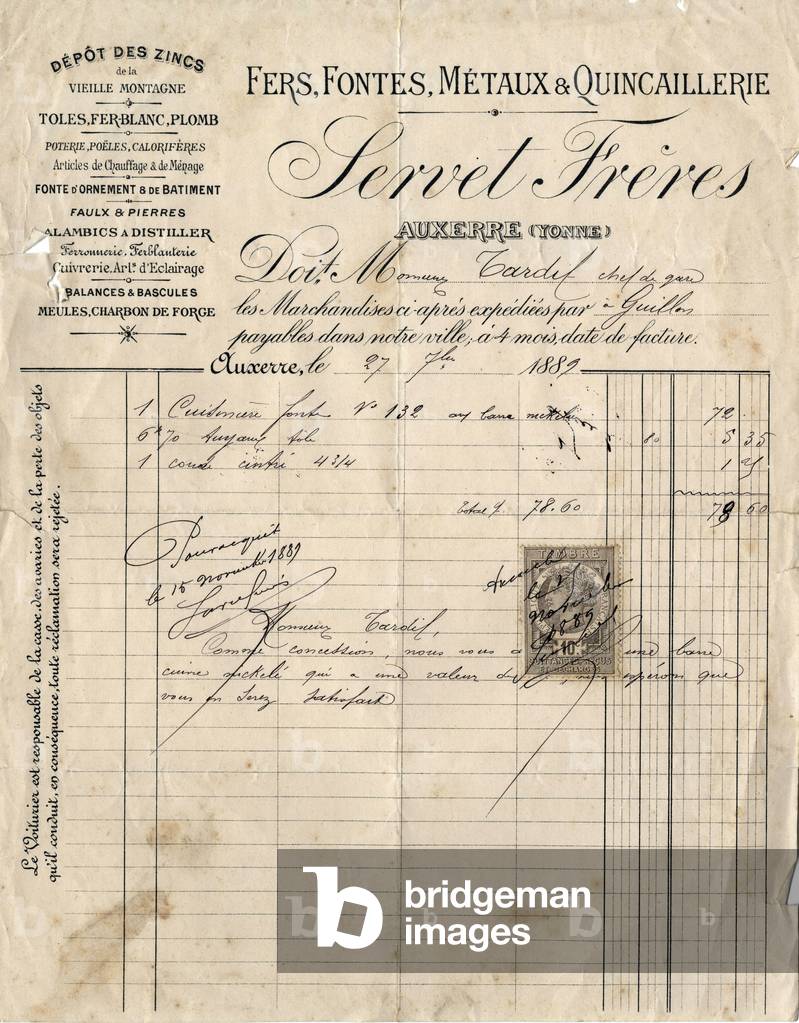 Bill of Servet brothers company in Auxerre (France), hardware shop, july 27, 1889