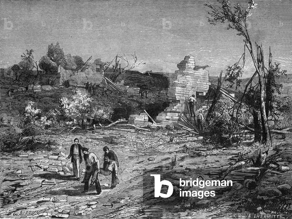Explosives factory in Bouchet, France, destroyed after an explosion, july 17, 1848, engraving