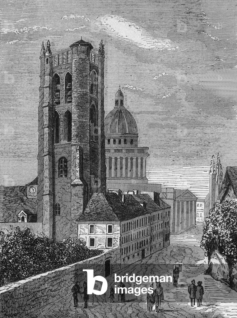 The former bell tower of abbey Ste Genevieve (now Clovis tower) and the Pantheon, Paris, engraving, 1878