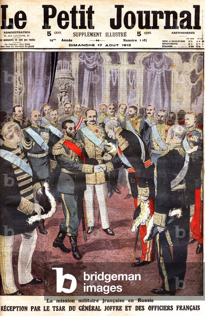 Czar Nicolas II welcomes Joseph Joffre and french officiers, 1913 (print)