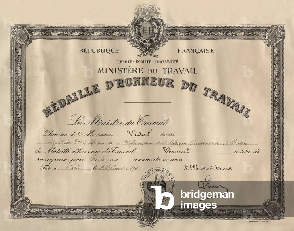 Medal of Honour for the work of Mr Andre Vidal by the Ministry of Labour on 1 September 1961