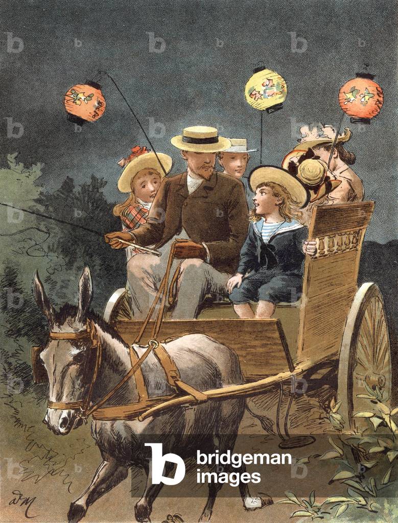 Guests leaving the party in a waggon. They left with chinese paper lantern to lit their way llustration by Adrien Marie in the book Tout a la joie by Zari, Emile Guerin publication 1890