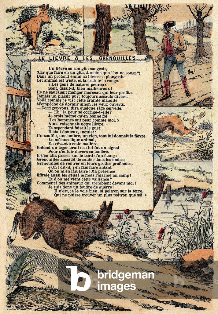 Illustration of La Fontaine's Fables The Hare and the Frogs, engraving, c. 1890