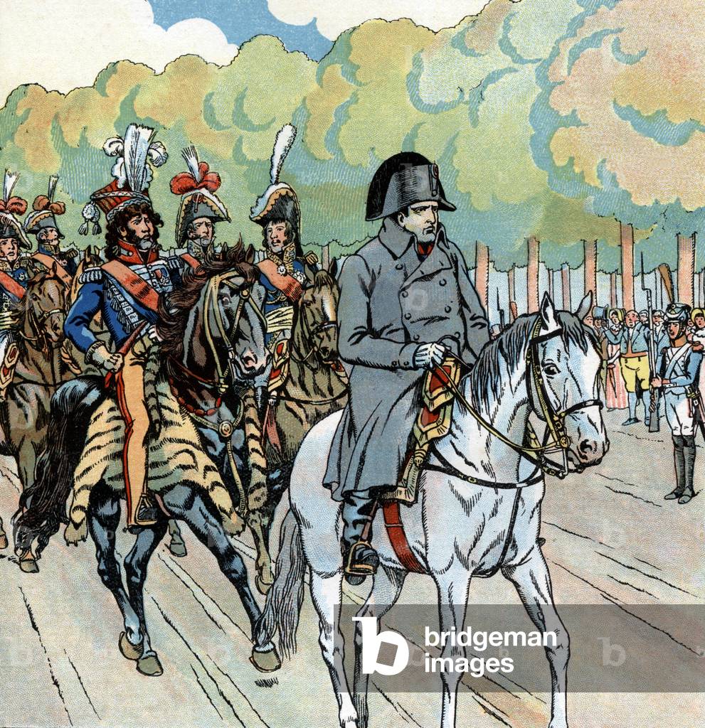 French emperor Napoleon 1st (1769-1821), on horse, illustration by Job, 1930