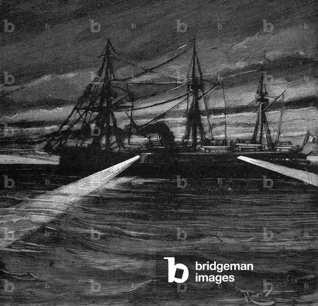 A boat using light (searchlight) for recognition of a torpedo boat, 19th century engraving