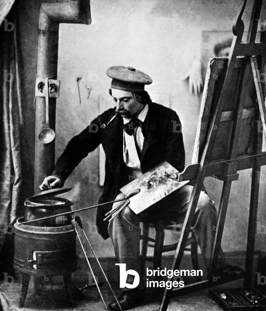 Painter in front of his easel, smiking pipe in his workshop, engraving by Alophe c. 1844