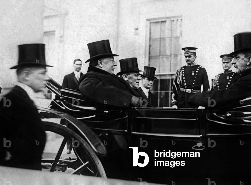 New american president Woodrow Wilson and former american president William Howard Taft arriving at the White House in Washington for transfer of power, 1913