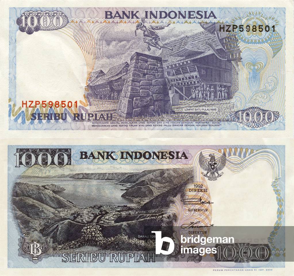 Recto verso of a bank note of 1000 Rupiah, Indonesia, 1992