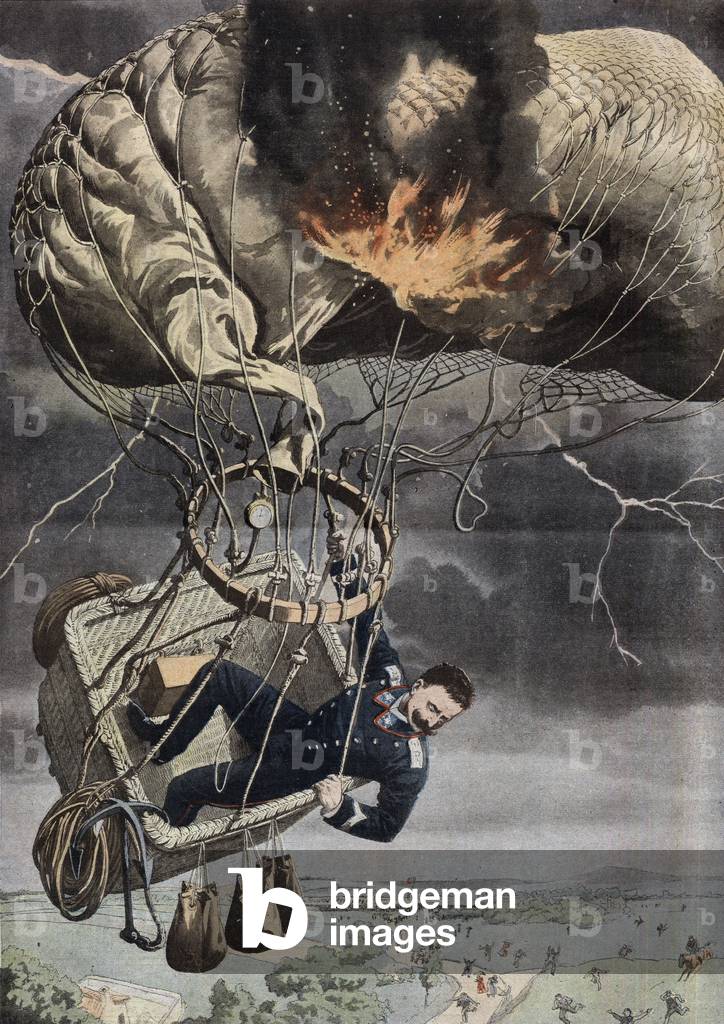 An airship struck by lightning in Rome, illustration from french newspaper 