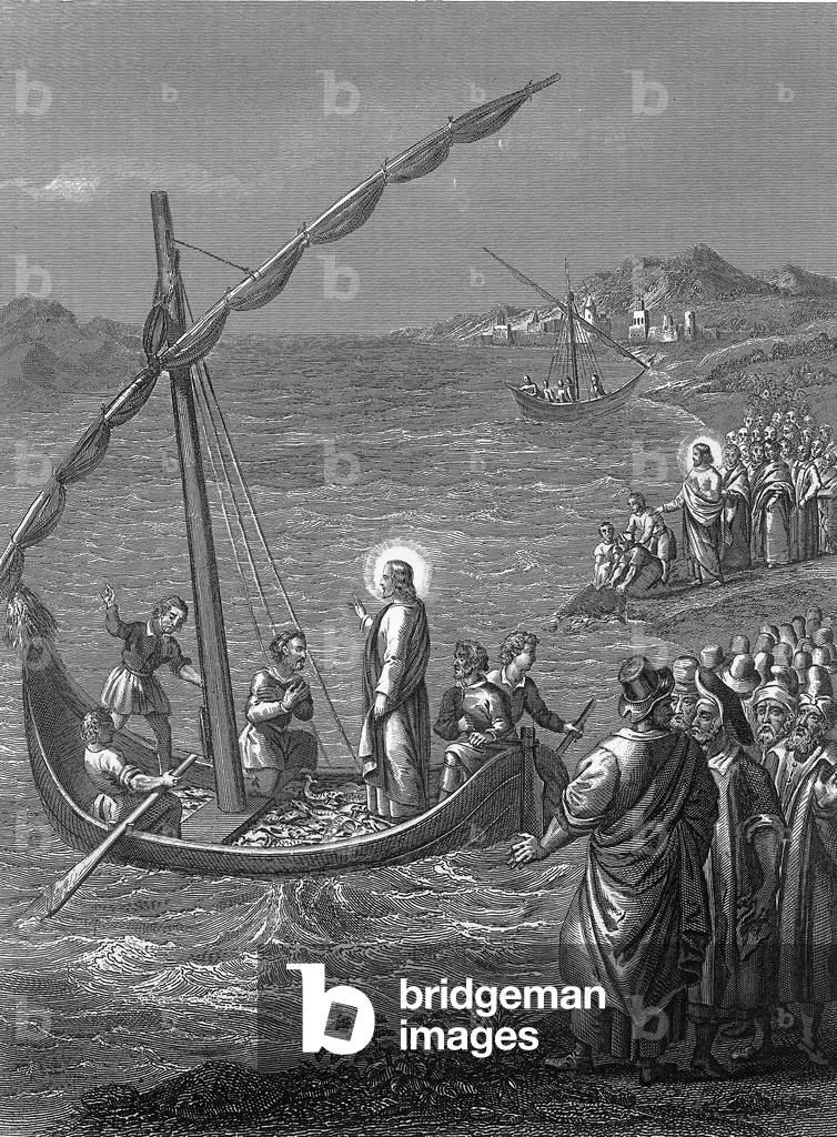 Jesus Christ and Simon  during Miraculous draught of fishes, 19th century (engraving)