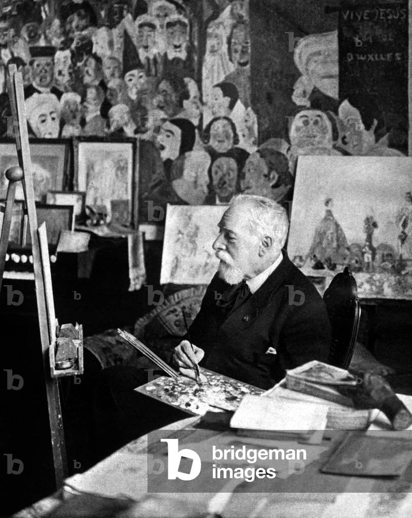 James Ensor (1860-1949) belgian painter here in his workshop c. 1935 (b/w photo)