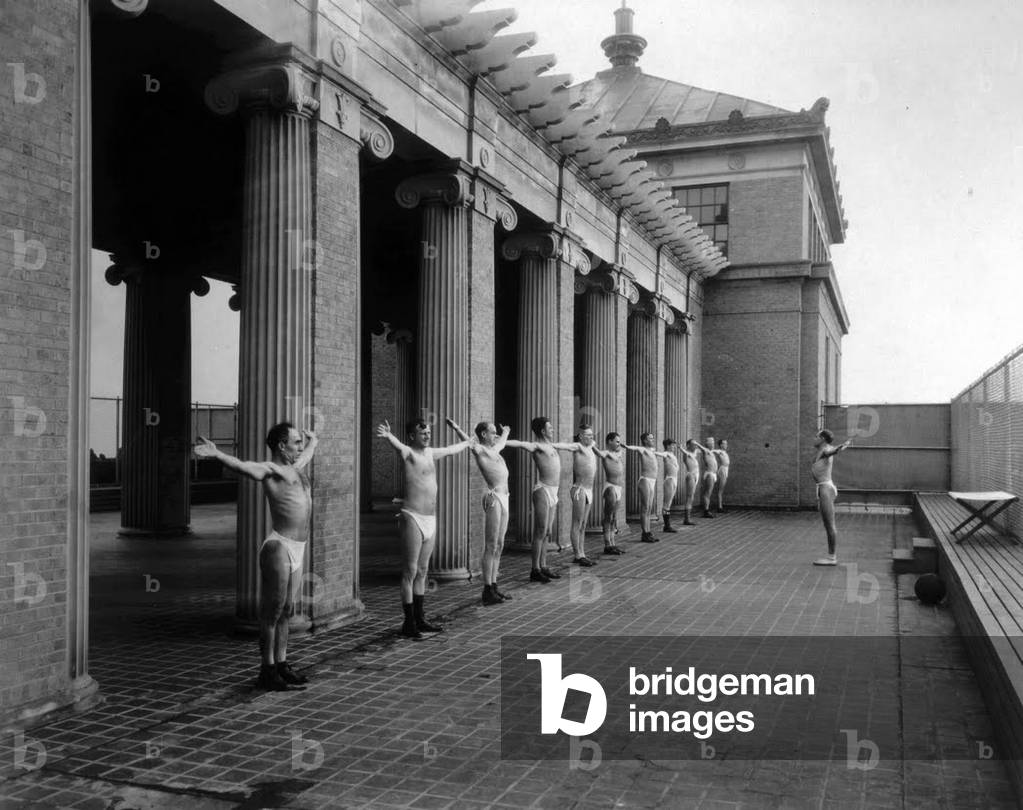 The Battle Creek Sanitarium, in Battle Creek, Michigan, USA, based on the health principles advocated by the Seventh-day Adventist Church, opened in 1866: here sport exercise, 20's