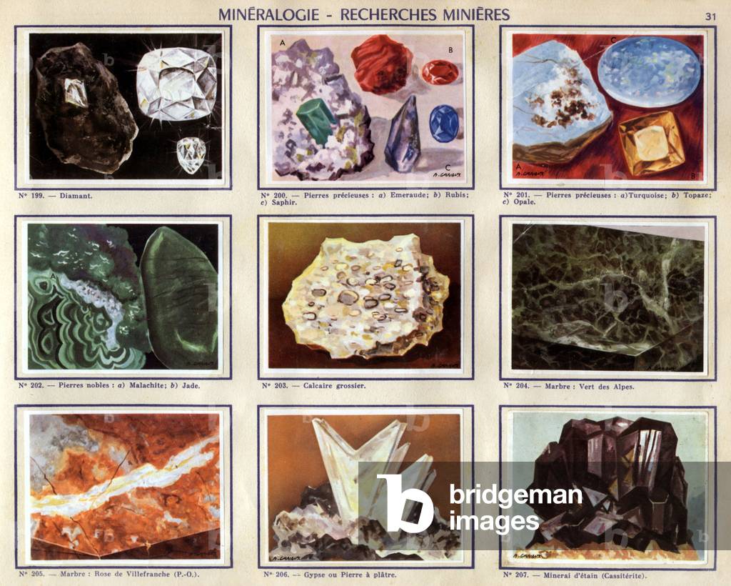 Mineralogy, illustrations from an album published by Cantaloup Catala chocolate factory, France, 1955