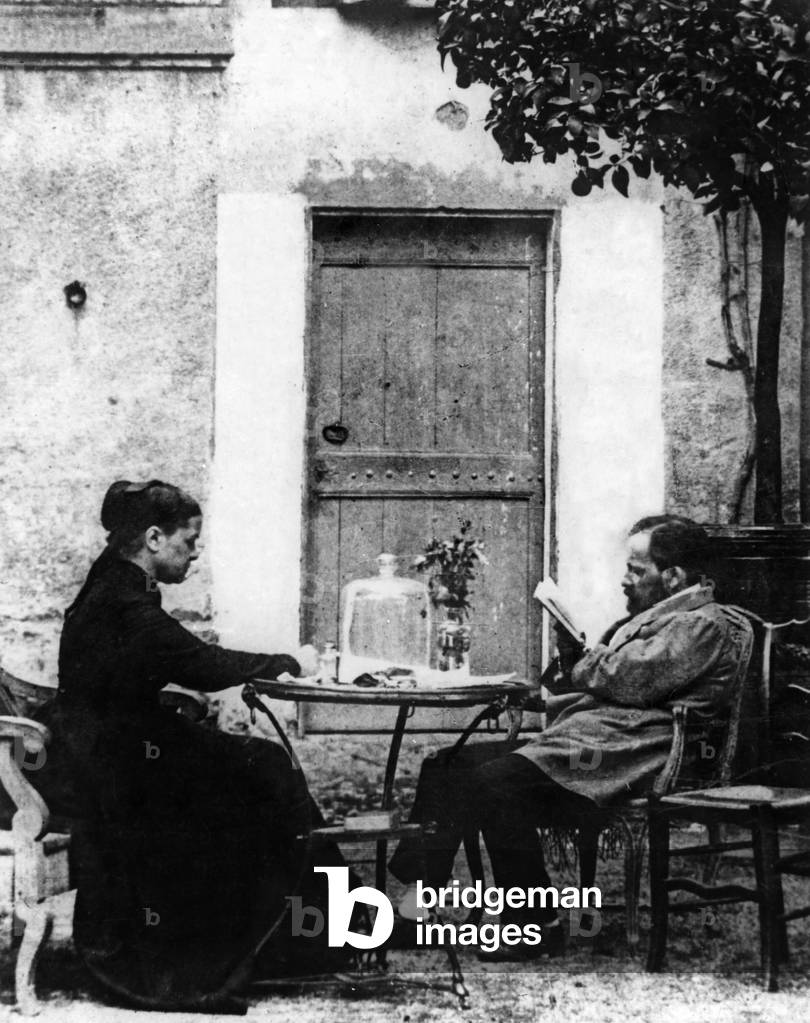 Louis Pasteur dictating to his wife Marie Laurent (daughter of the chief education officer ) a note about illness of silkworms in Pont-Gisquet (France) 1865-1869