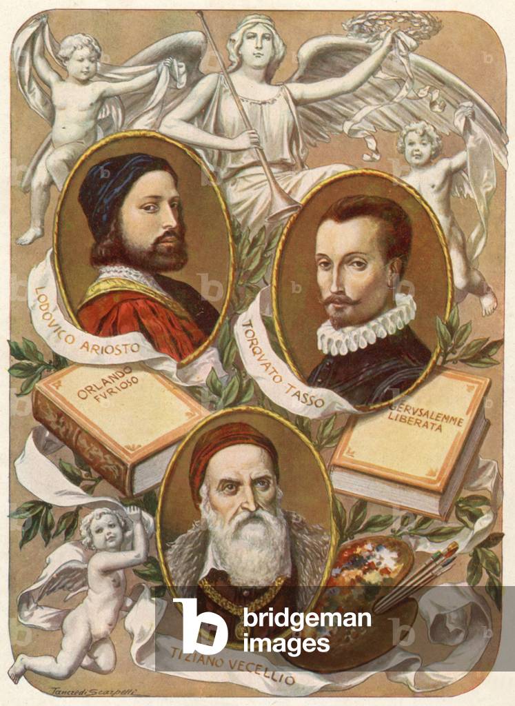 Ludovico Ariosto kaa the Ariost (1474-1533), Torquato Tasso aka Le Tasse (1544-1595) and Tiziano Vecellio aka Titian (1490-1576) italian writers and painter, Renaissance, ilustration, 30's