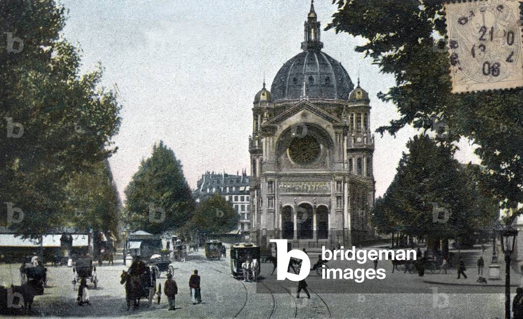 Saint Augustin church (built by Victor Baltard c. 1862-1871) and Malesherbes Boulevard in Paris, Postcard, c. 1906
