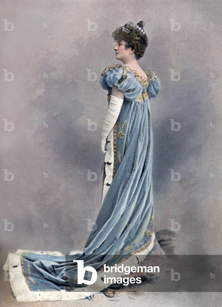 French comedian Miss Sorel as Caroline Murat in play Madame Sans-Gene, Paris, from paper 