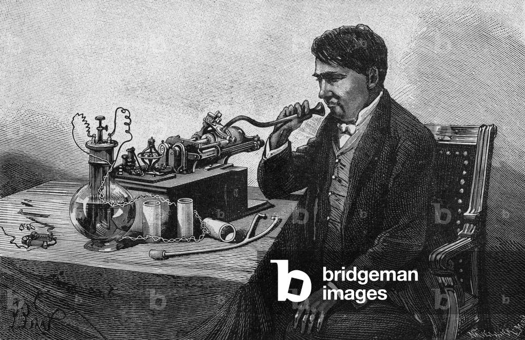 The new phonograph of Thomas Alva Edison  c. 1879, engraving