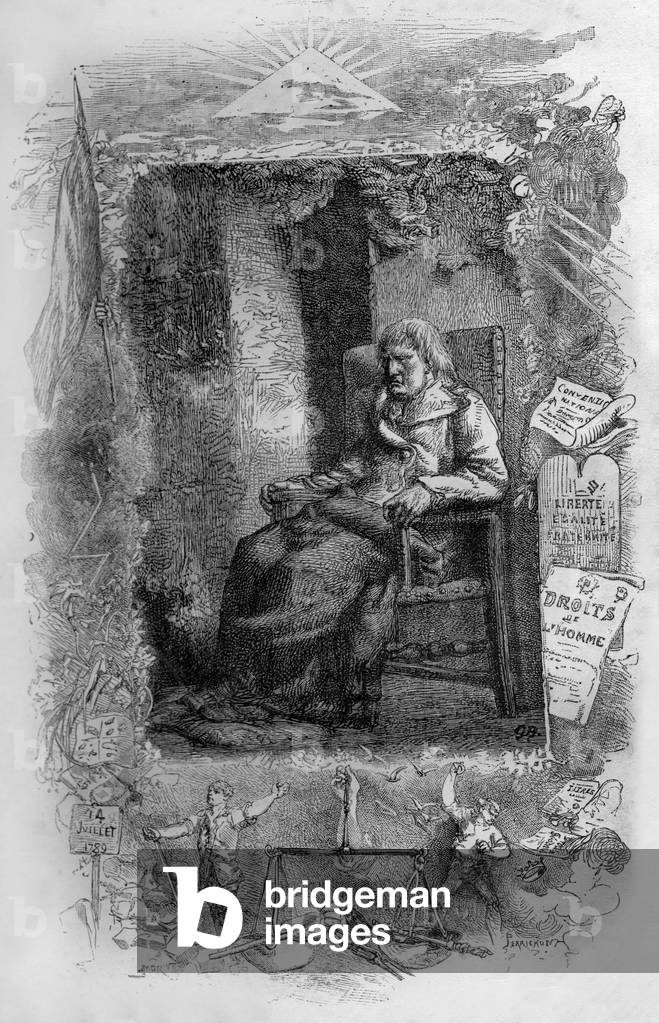 The bishop in presence of an unknown light, illustration of novel Les Miserables by Victor Hugo, engraving by Perrichon, 1886