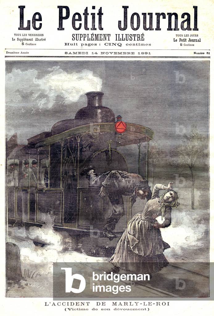 Train accident in Marly-le-roi, France: mecanic Leon Cane died while trying to rescue a woman , frontpage of newspaper Petit Journal november 14, 1891