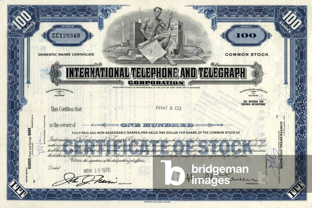 Certificate of International Telephone and Telegraph Corporation, 1970 (print)